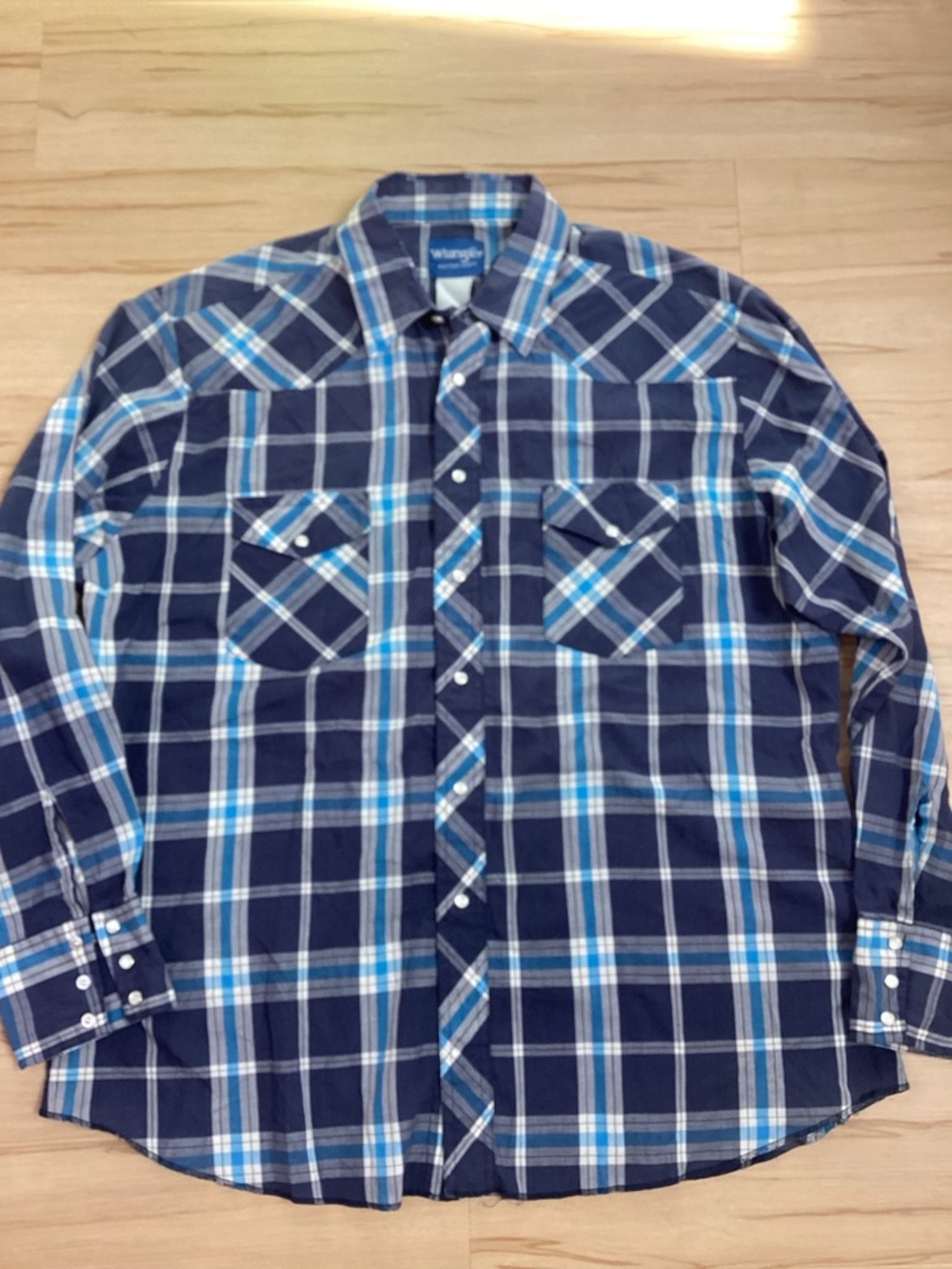 Y2K Wrangler Navy & Light Blue Plaid Pearl Snap Shirt XL‎ Western Cowboy Rodeo - Picture 2 of 8